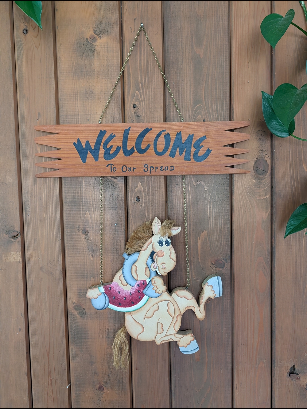 Vintage Handmade WoodWall Hanging Horse Watermelon "Welcome To Our Spread" 25"